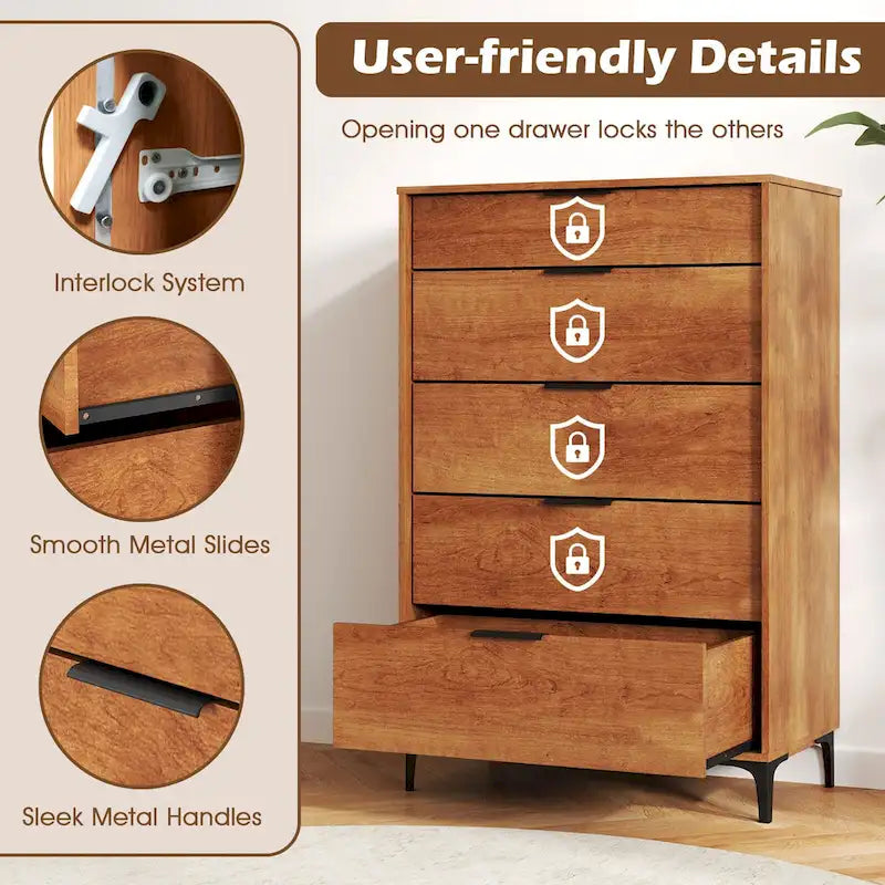 Commode 5 tiroirs Gymax avec système de verrouillage, pieds de support en métal et