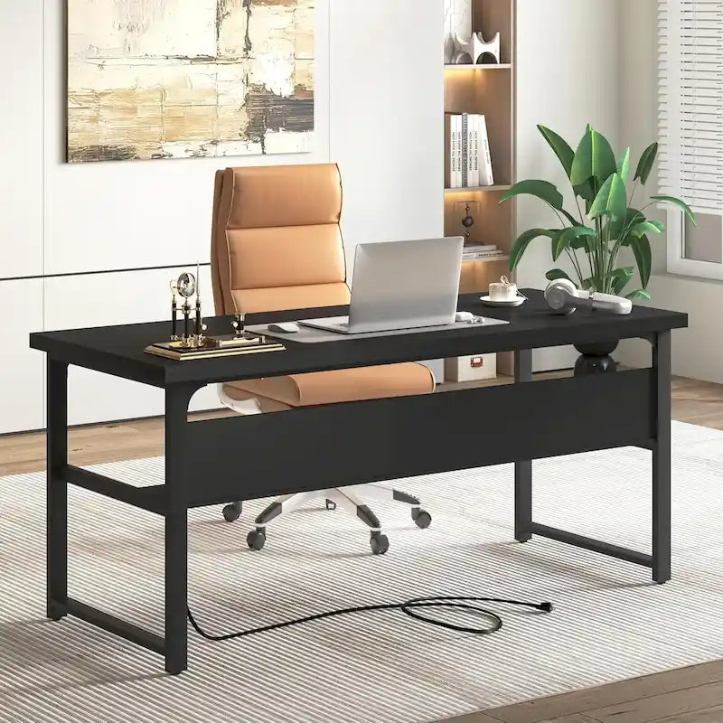 Bureau de direction/ordinateur avec plateau extra-épais, poste de travail de bureau simple, table d'étude/d'écriture avec prises de courant