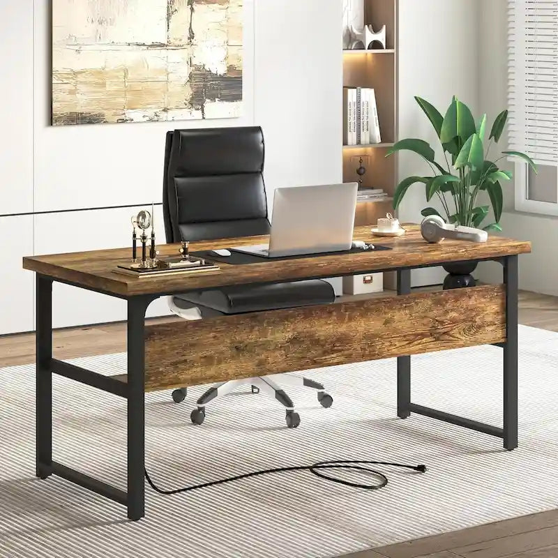 Bureau de direction/ordinateur avec plateau extra-épais, poste de travail de bureau simple, table d'étude/d'écriture avec prises de courant
