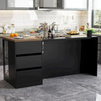 Îlot de cuisine avec tiroirs et placards vitrés, transformable en bureau