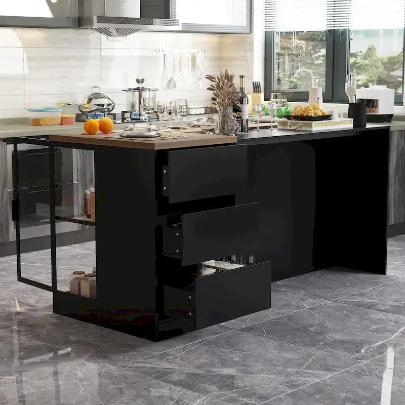 Îlot de cuisine avec tiroirs et placards vitrés, transformable en bureau