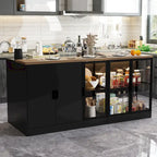 Îlot de cuisine avec tiroirs et placards vitrés, transformable en bureau