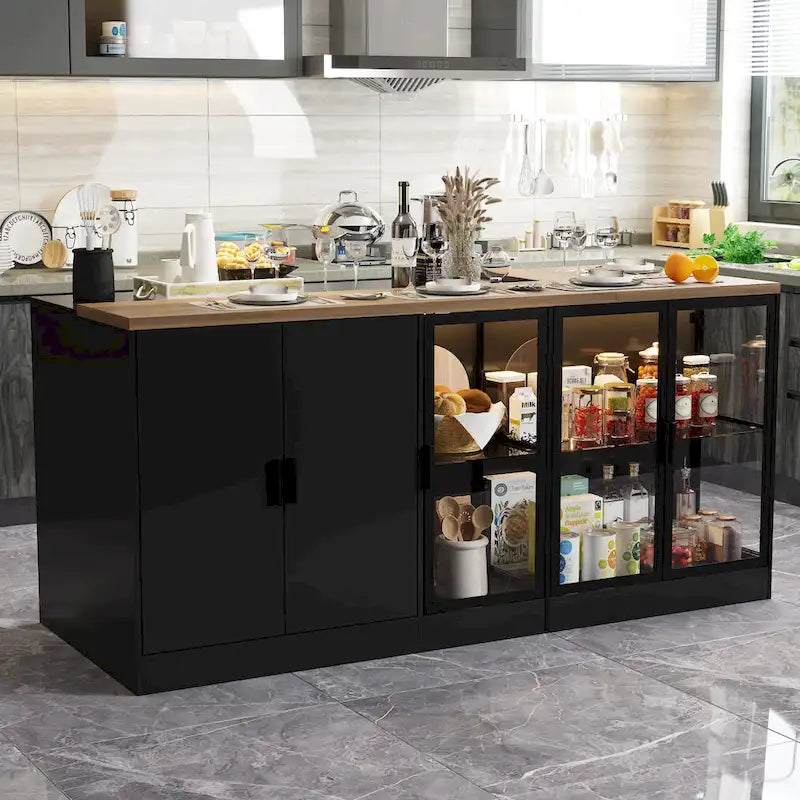 Îlot de cuisine avec tiroirs et placards vitrés, transformable en bureau