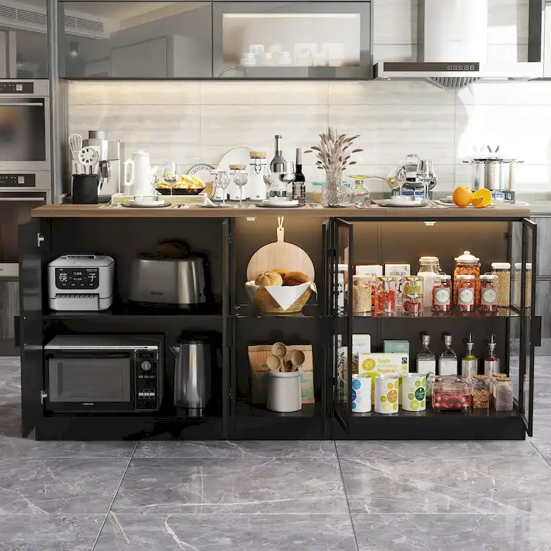 Îlot de cuisine avec tiroirs et placards vitrés, transformable en bureau