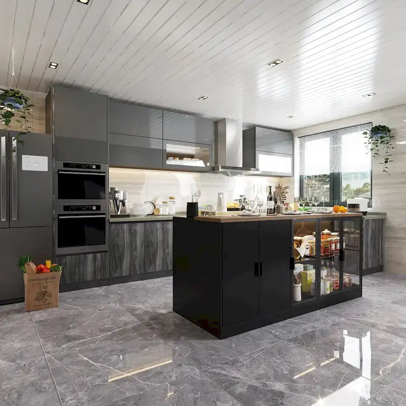 Îlot de cuisine avec tiroirs et placards vitrés, transformable en bureau