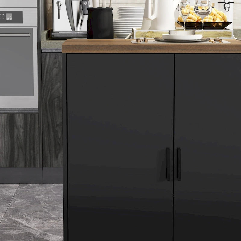 Îlot de cuisine avec tiroirs et placards vitrés, transformable en bureau