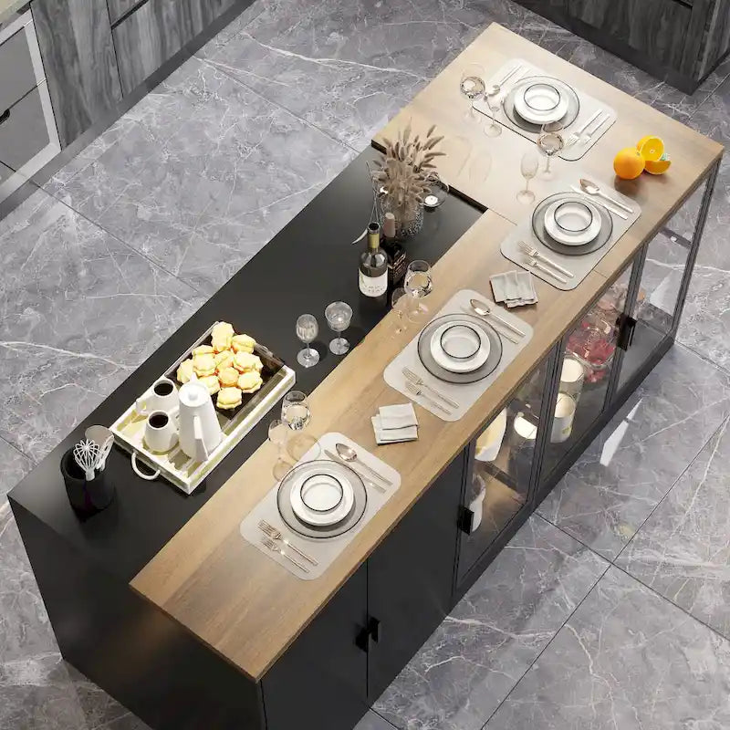 Îlot de cuisine avec tiroirs et placards vitrés, transformable en bureau