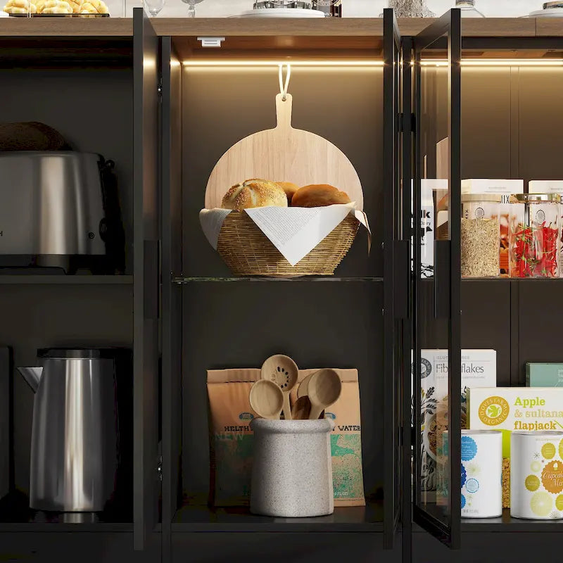 Îlot de cuisine avec tiroirs et placards vitrés, transformable en bureau
