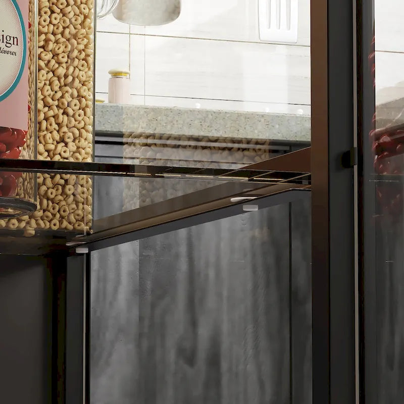 Îlot de cuisine avec tiroirs et placards vitrés, transformable en bureau