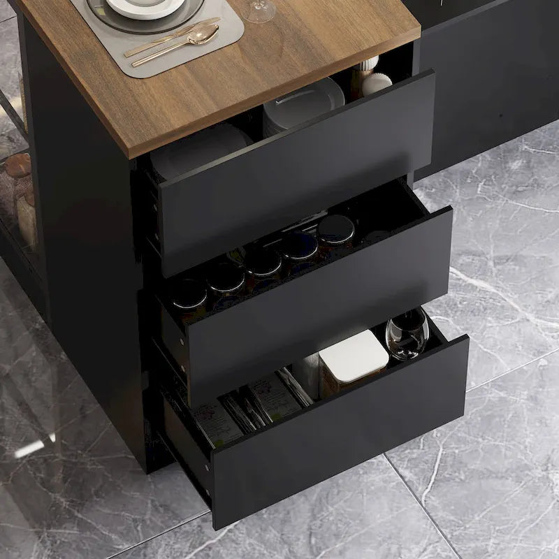 Îlot de cuisine avec tiroirs et placards vitrés, transformable en bureau