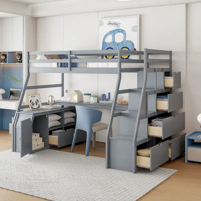 Lit mezzanine en pin avec bureau et rangements