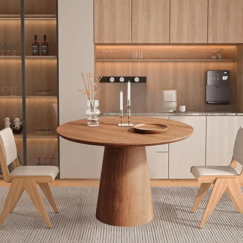 Table de salle à manger ronde pour 4-6 personnes, en bois naturel avec piétement conique en bois, table à manger rustique et minimaliste