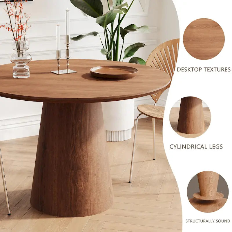 Table de salle à manger ronde pour 4-6 personnes, en bois naturel avec piétement conique en bois, table à manger rustique et minimaliste