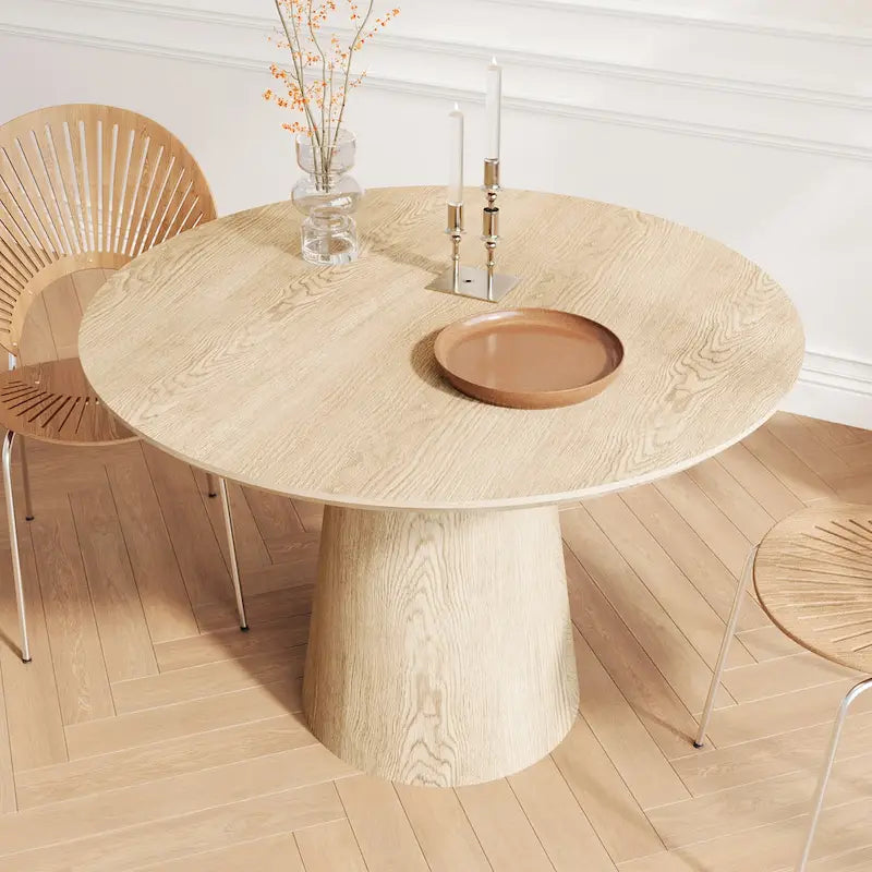 Table de salle à manger ronde pour 4-6 personnes, en bois naturel avec piétement conique en bois, table à manger rustique et minimaliste