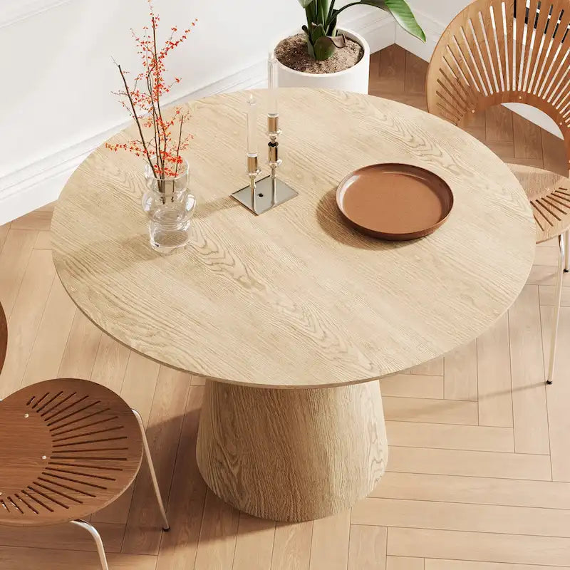 Table de salle à manger ronde pour 4-6 personnes, en bois naturel avec piétement conique en bois, table à manger rustique et minimaliste