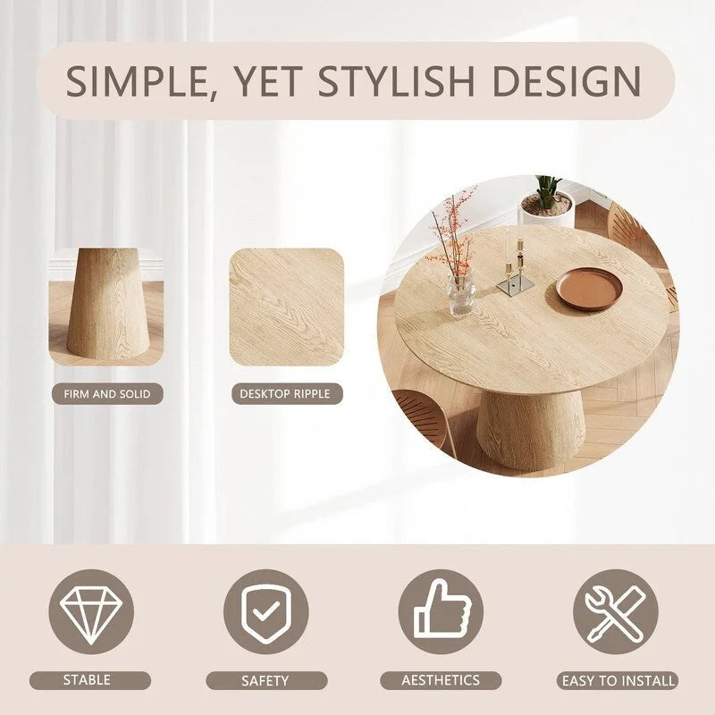 Table de salle à manger ronde pour 4-6 personnes, en bois naturel avec piétement conique en bois, table à manger rustique et minimaliste