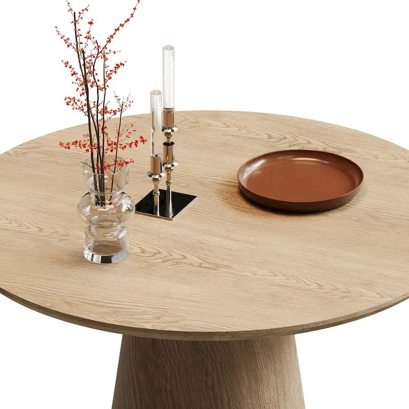 Table de salle à manger ronde pour 4-6 personnes, en bois naturel avec piétement conique en bois, table à manger rustique et minimaliste
