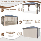 Tonnelle EROMMY à toit rigide, pergola extérieure avec double toit, moustiquaire et rideaux, auvent robuste pour patio, jardin, fête au bord de la piscine