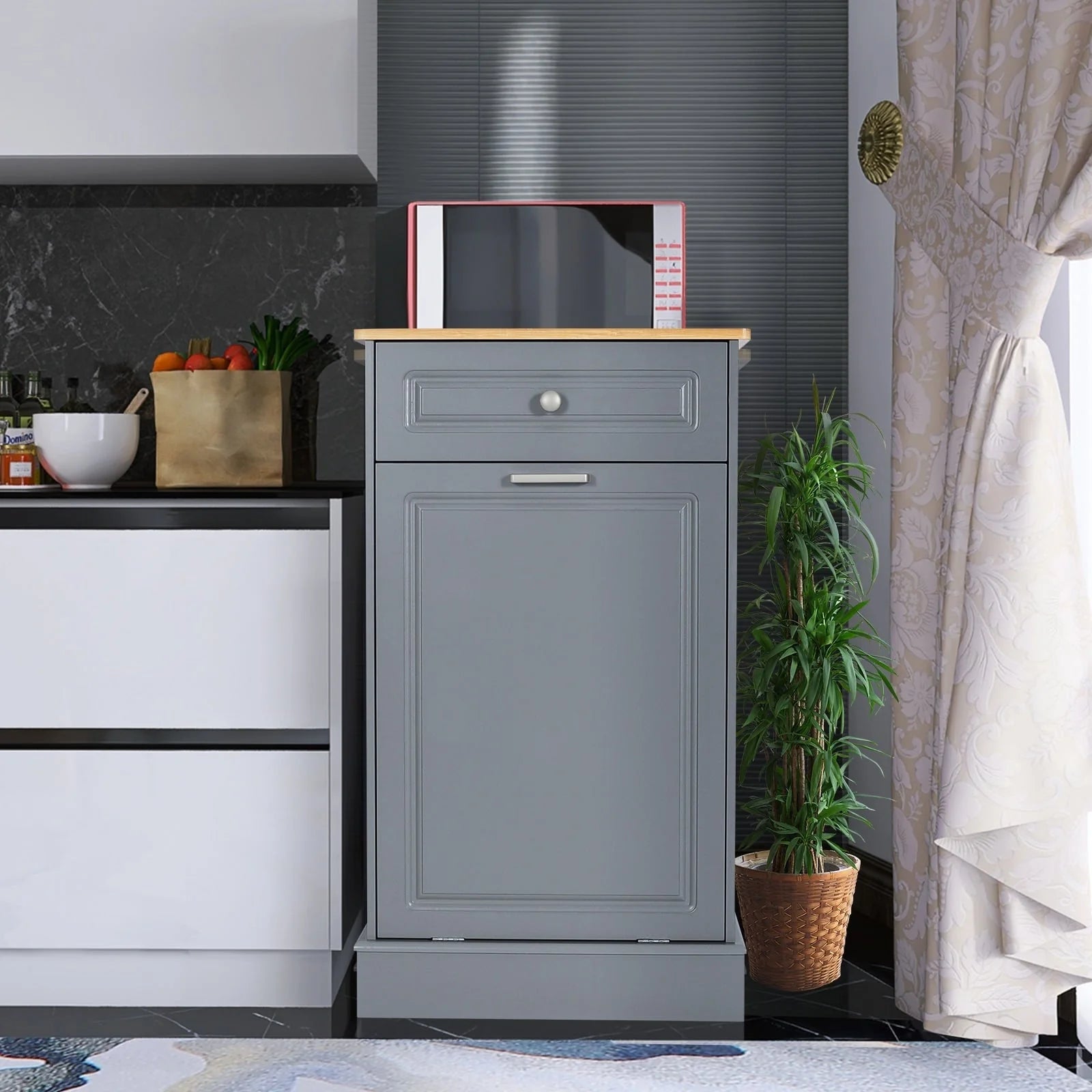 Meuble de Rangement en Bois pour Poubelle de Cuisine avec Dessus de Comptoir et Tiroir