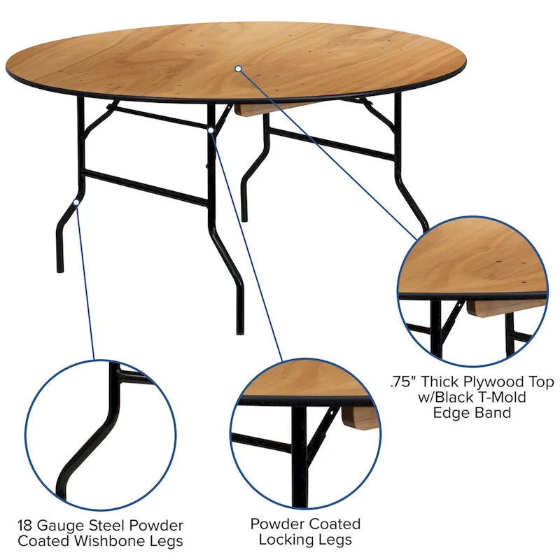 Table de banquet ronde pliante en bois de 60 pouces avec dessus fini