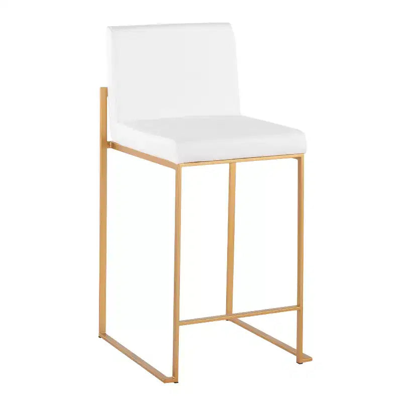 Lot de 3 tabourets de bar hauts Fuji LumiSource, hauteur comptoir, acier doré/PU blanc