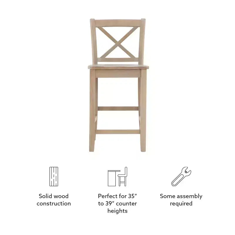Tabourets de bar à hauteur de comptoir traditionnels en bois massif avec dossier en X Torino, 24 po, finition gris délavé - Linon