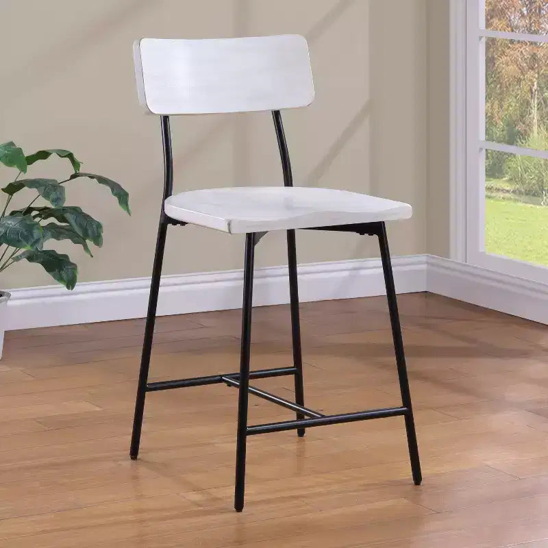 Comfort Pointe Bari Tabouret de bar hauteur comptoir, finition blanchie : Assise selle, dossier incurvé, structure métallique