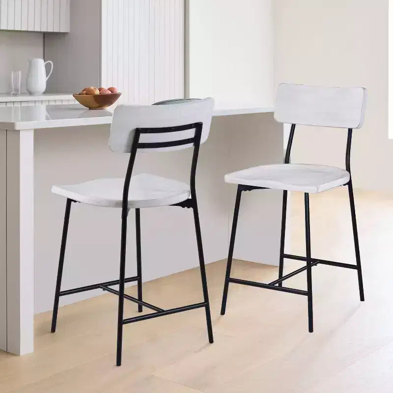 Comfort Pointe Bari Tabouret de bar hauteur comptoir, finition blanchie : Assise selle, dossier incurvé, structure métallique