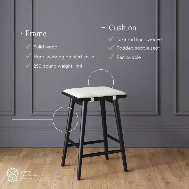 Nathan James Barker Tabouret de bar à hauteur de comptoir en bois et boucle, noir : Rembourrage en lin, 63 cm de haut