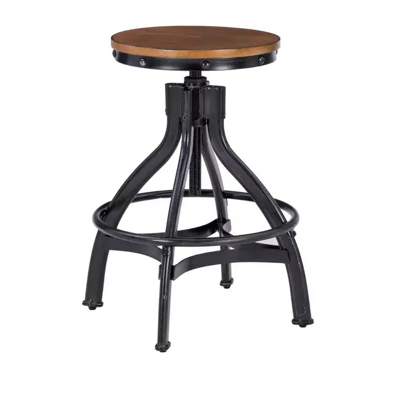 Set of 2 Tormo Adjustable Metal & Distressed Wood Barstool Black - Powell: Swivel, Round Seat, Industrial Design