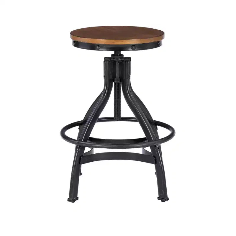 Lot de 2 tabourets de bar réglables Tormo en métal et bois vieilli noirs - Powell : pivotants, assise ronde, design industriel