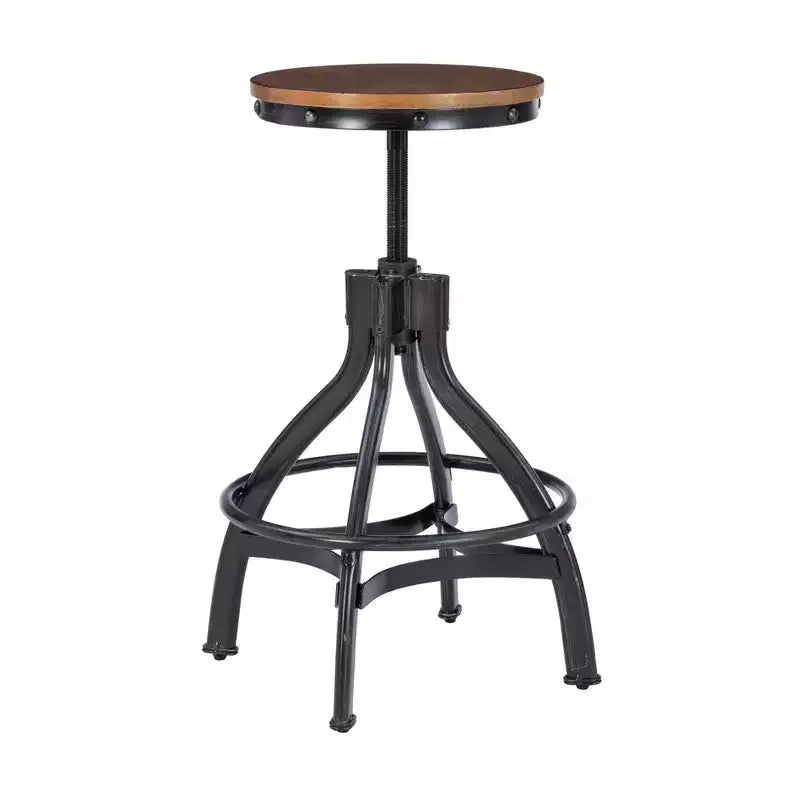 Lot de 2 tabourets de bar réglables Tormo en métal et bois vieilli noirs - Powell : pivotants, assise ronde, design industriel