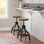 Lot de 2 tabourets de bar réglables Tormo en métal et bois vieilli noirs - Powell : pivotants, assise ronde, design industriel