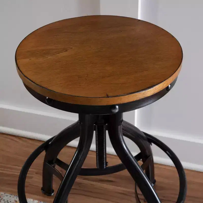 Lot de 2 tabourets de bar réglables Tormo en métal et bois vieilli noirs - Powell : pivotants, assise ronde, design industriel