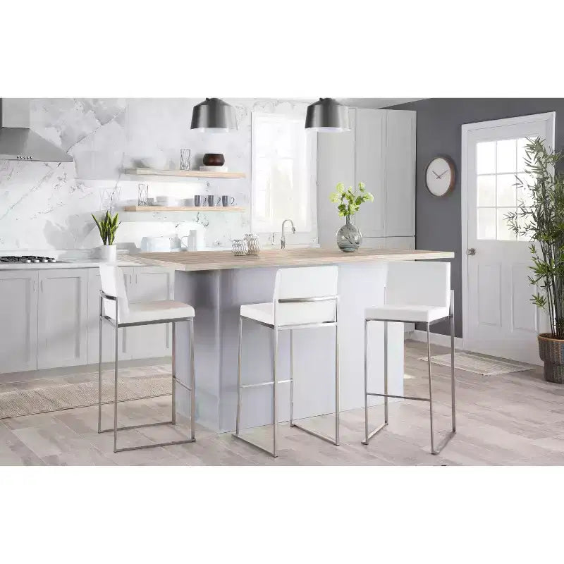 LumiSource Lot de 3 tabourets de bar hauts Fuji en acier inoxydable et velours blanc