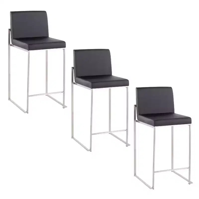 LumiSource Set of 3 Fuji High Back Counter Height Barstools Stainless Steel/Black PU
