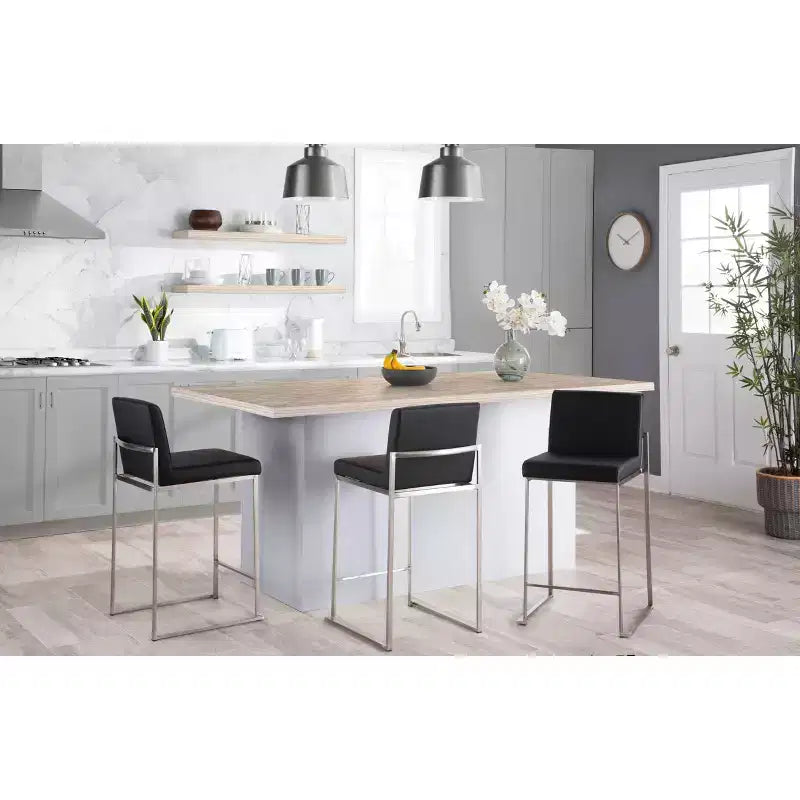 LumiSource Ensemble de 3 tabourets de bar hauts Fuji à hauteur de comptoir Acier inoxydable/PU Noir
