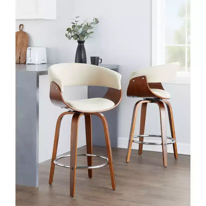 Lot de 2 tabourets de bar vintage modernes hauteur comptoir : hauteur fixe, pivotants, repose-pieds, revêtement en polyester - LumiSource