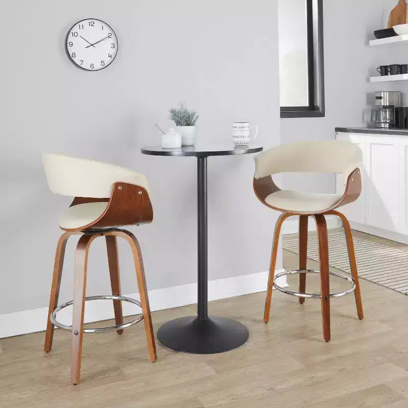 Lot de 2 tabourets de bar vintage modernes hauteur comptoir : hauteur fixe, pivotants, repose-pieds, revêtement en polyester - LumiSource