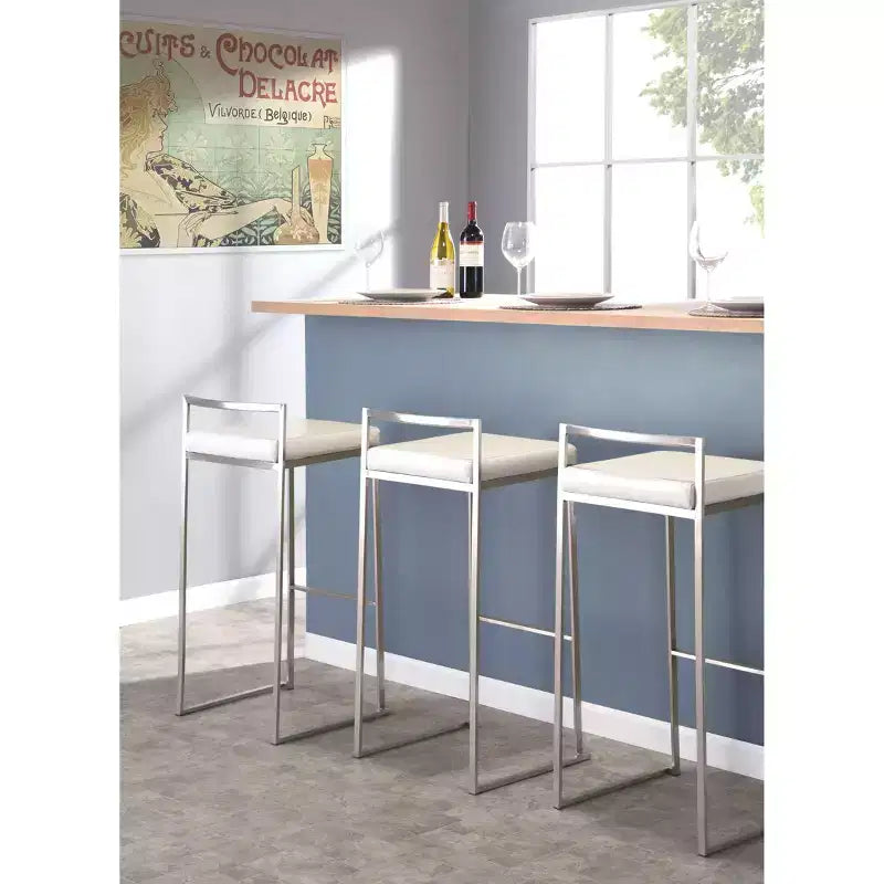 LumiSource Lot de 3 tabourets de bar empilables Fuji en acier inoxydable/PU blanc