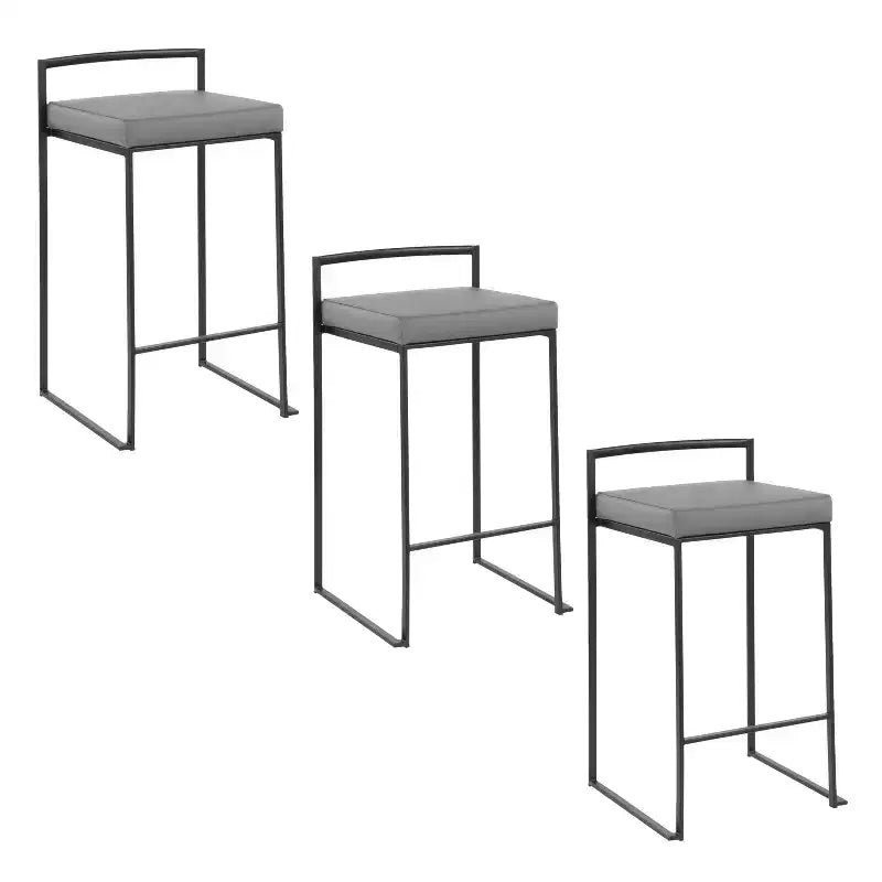 LumiSource Set of 3 Fuji Stacker Counter Height Barstools Black Metal/Gray PU