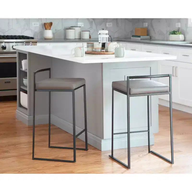 LumiSource Lot de 3 tabourets de bar hauteur comptoir Fuji en métal noir/PU gris