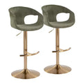 LumiSource Set of 2 Curva Adjustable Barstools Gold/Green Fabric