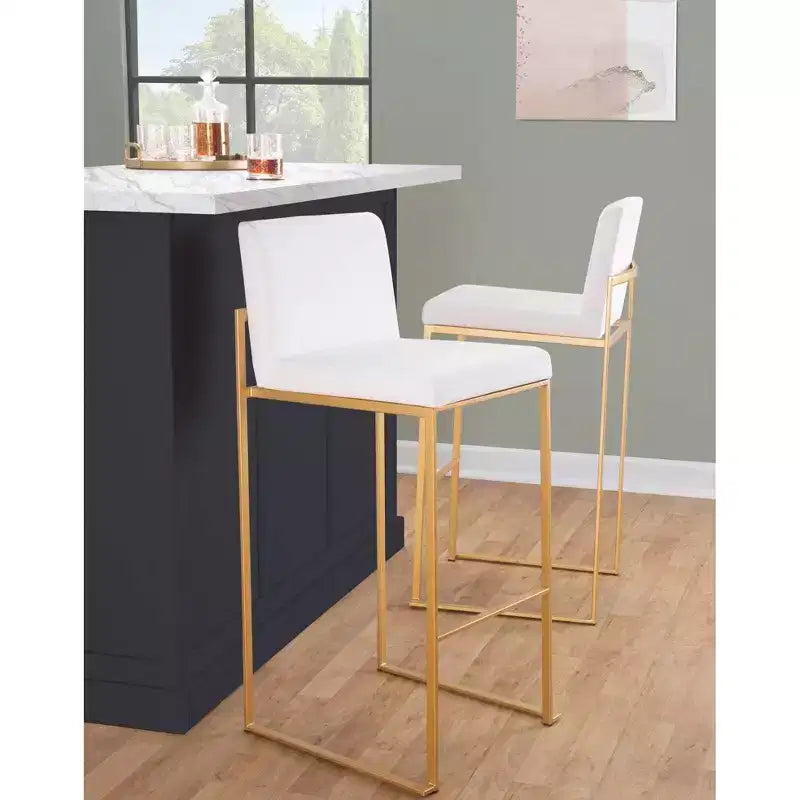 LumiSource Ensemble de 3 tabourets de bar à dossier haut Fuji Acier doré/PU blanc