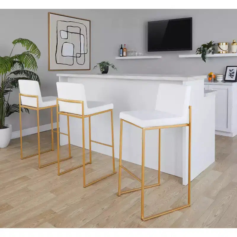 LumiSource Ensemble de 3 tabourets de bar à dossier haut Fuji Acier doré/PU blanc