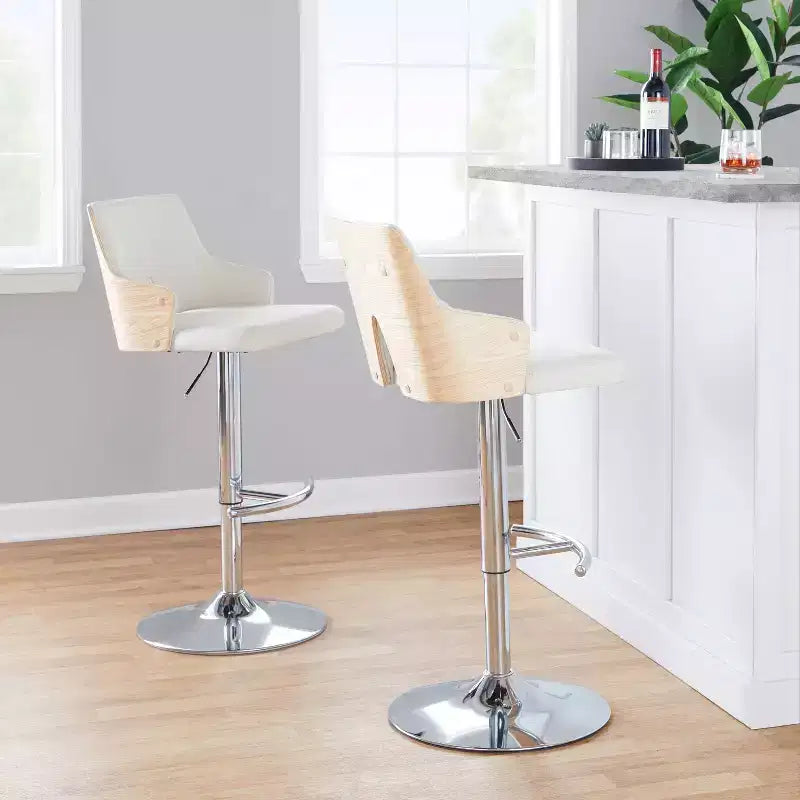 LumiSource Lot de 2 tabourets de bar réglables Stella Chrome/Naturel/Crème : Chaise rembourrée, Cadre en métal, Repose-pieds