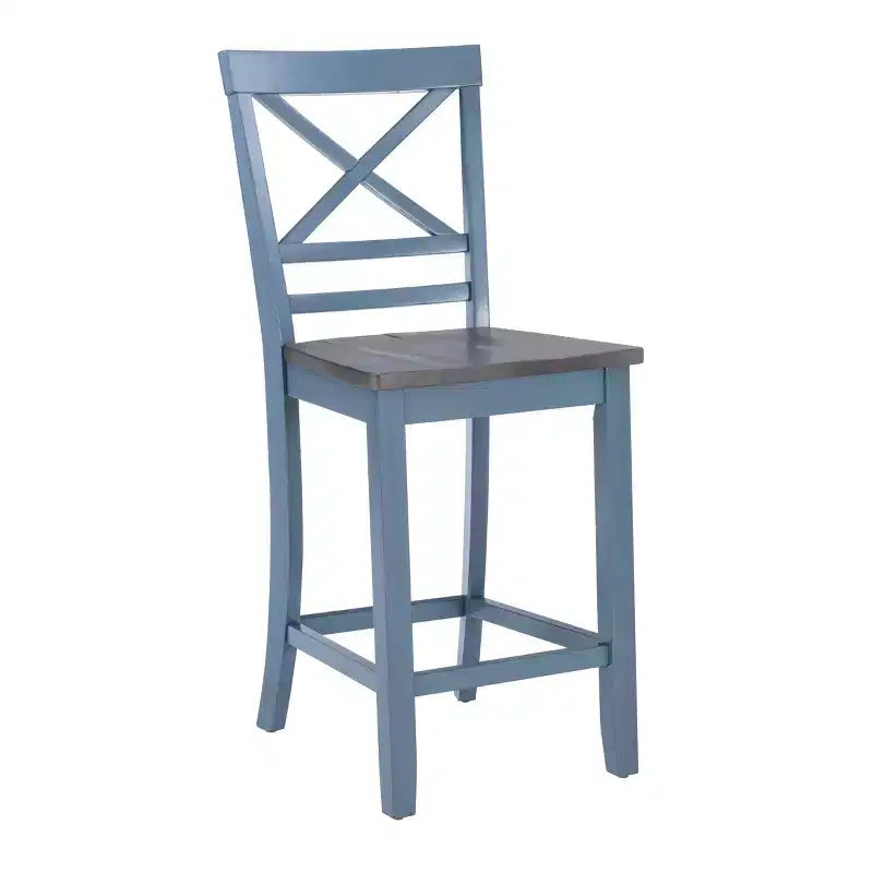 Lot de 2 tabourets de bar à hauteur de comptoir Romy X-Back 61,6 cm, finition bois bleu/gris foncé - Powell : style ferme rustique, sans accoudoirs, cadre en bois