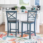 Lot de 2 tabourets de bar à hauteur de comptoir Romy X-Back 61,6 cm, finition bois bleu/gris foncé - Powell : style ferme rustique, sans accoudoirs, cadre en bois