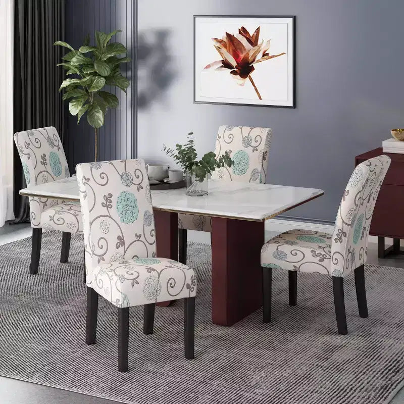 Christopher Knight Home Set of 4 Pertica Contemporary Fabric Dining Chairs Light Beige with Blue Floral: Upholstered, Rubberwood Legs, Polyester