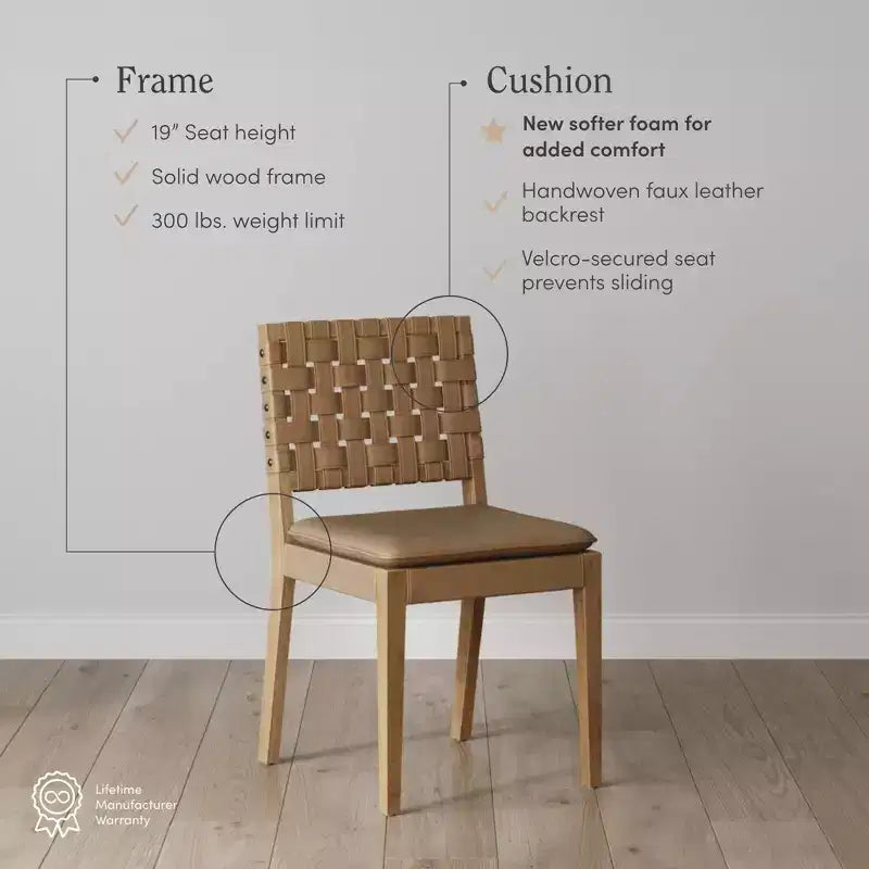 Chaise de salle à manger Nathan James Cohen en similicuir tressé, moderne du milieu du siècle, marron clair : Rembourrée, cadre en bois, sans accoudoirs